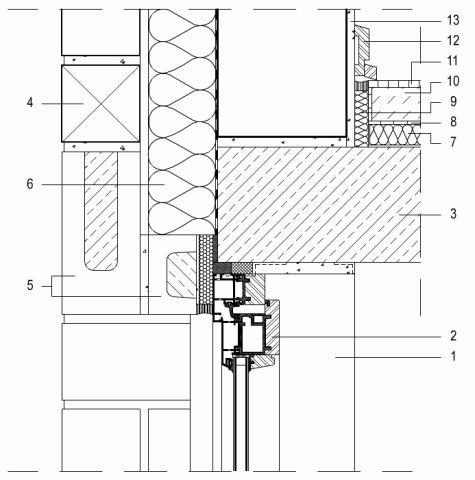 zgornji zaključek okna (okvir aluminij/les) v zunanji steni z ometom 